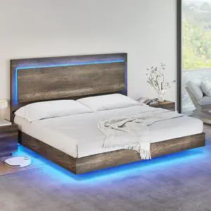 AMERLIFE King Bed Frame, Farmhouse Floating Bed Frame with Recline Headboard, Platform Bed with LED Light, No Box Spring Needed/Noise Free, Washed Gray AMERLIFE King Bed Frame, Farmhouse Floating Bed Frame with Recline Headboard, Platform Bed with LED Light, No Box Spring Needed/Noise Free, Washed Gray