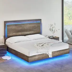 AMERLIFE Full Bed Frame, Farmhouse Floating Bed Frame with Recline Headboard, Platform Bed with LED Light, No Box Spring Needed/Noise Free, Washed Gray AMERLIFE Full Bed Frame, Farmhouse Floating Bed Frame with Recline Headboard, Platform Bed with LED Light, No Box Spring Needed/Noise Free, Washed Gray