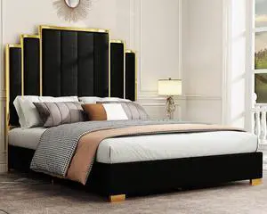 Albott Queen Size Platform Bed Frame, 61.4" Velvet Upholstered Bed with Gold Trim Headboard/Wooden Slats/No Box Spring Needed/Black Albott Queen Size Platform Bed Frame, 61.4" Velvet Upholstered Bed with Gold Trim Headboard/Wooden Slats/No Box Spring Needed/Black