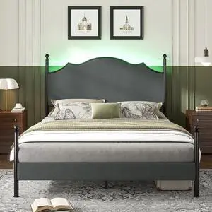 AMERLIFE Queen Size Upholstered Bed Frame with 51.2" Tall Headboard, Metal Four Poster LED Beds for Bedroom, Easy Assembly/Wooden Slats/Dark Grey AMERLIFE Queen Size Upholstered Bed Frame with 51.2" Tall Headboard, Metal Four Poster LED Beds for Bedroom, Easy Assembly/Wooden Slats/Dark Grey