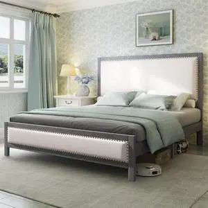 AMERLIFE King Upholstered Platform Bed with Headboard, Solid Wood Bed Frame with Linen Headboard & Footboard Nailhead Trim, No Box Spring Needed, Noise-Free, Grey Blue AMERLIFE King Upholstered Platform Bed with Headboard, Solid Wood Bed Frame with Linen Headboard & Footboard Nailhead Trim, No Box Spring Needed, Noise-Free, Grey Blue