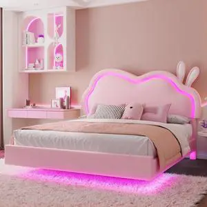 AMERLIFE Floating Full Bed Frame with Adjustable RGB LED Headboard, Leather Upholstered Platform Bed for Kids/Girls,Wood Slats Support, No Box Spring Needed, Easy Assembly, Pink AMERLIFE Floating Full Bed Frame with Adjustable RGB LED Headboard, Leather Upholstered Platform Bed for Kids/Girls,Wood Slats Support, No Box Spring Needed, Easy Assembly, Pink