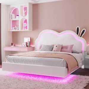 AMERLIFE Floating Queen Bed Frame with Adjustable LED Headboard, Cute Leather Upholstered Platform Bed Frame with Wood Slats Support, Easy Assembly, No Box Spring Needed, White AMERLIFE Floating Queen Bed Frame with Adjustable LED Headboard, Cute Leather Upholstered Platform Bed Frame with Wood Slats Support, Easy Assembly, No Box Spring Needed, White