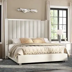 AMERLIFE Queen Size 58" Tall Wingback Upholstered Platform Bed with Chrome Accents, Modern Bed Frame with Solid Wood Slats, Comfortable Back Support, Easy Assembly, No Box Spring Needed, Cream Velvet AMERLIFE Queen Size 58" Tall Wingback Upholstered Platform Bed with Chrome Accents, Modern Bed Frame with Solid Wood Slats, Comfortable Back Support, Easy Assembly, No Box Spring Needed, Cream Velvet