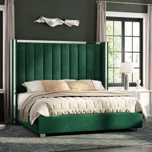AMERLIFE Queen Size 58" Tall Wingback Upholstered Platform Bed with Chrome Accents, Modern Bed Frame with Solid Wood Slats, Comfortable Back Support, Easy Assembly, No Box Spring Needed, Green Velvet AMERLIFE Queen Size 58" Tall Wingback Upholstered Platform Bed with Chrome Accents, Modern Bed Frame with Solid Wood Slats, Comfortable Back Support, Easy Assembly, No Box Spring Needed, Green Velvet
