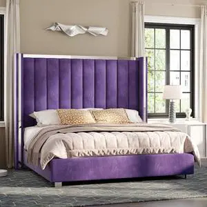 Amerlife Queen Size 58" Tall Wingback Upholstered Platform Bed with Chrome Accents, Modern Bed Frame with Solid Wood Slats, Comfortable Back Support, Easy Assembly, No Box Spring Needed, Purple Velvet Amerlife Queen Size 58" Tall Wingback Upholstered Platform Bed with Chrome Accents, Modern Bed Frame with Solid Wood Slats, Comfortable Back Support, Easy Assembly, No Box Spring Needed, Purple Velvet
