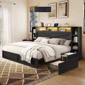AMERLIFE 45'' Farmhouse Queen Bed Frame with 4 Drawers, LED Bed Frame with Bookcase Headboard & Side Shelves, Wood Platform Bed with Charging Station, Black AMERLIFE 45'' Farmhouse Queen Bed Frame with 4 Drawers, LED Bed Frame with Bookcase Headboard & Side Shelves, Wood Platform Bed with Charging Station, Black