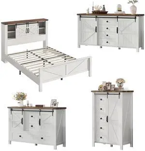 AMERLIFE 4-Piece Farmhouse Bedroom Set in Distressed White, Full Size Bed Frame with Bookcase Headboard, 5-Drawer Tall Dresser, 47'' Dresser with 4 Drawers, 60" Dresser with 4 Drawers AMERLIFE 4-Piece Farmhouse Bedroom Set in Distressed White, Full Size Bed Frame with Bookcase Headboard, 5-Drawer Tall Dresser, 47'' Dresser with 4 Drawers, 60" Dresser with 4 Drawers