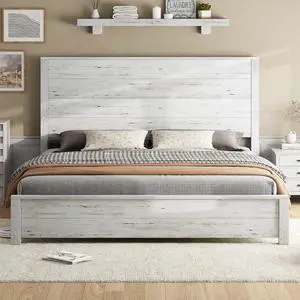 AMERLIFE Queen Size Wood Bed Frame, Rustic 51.2" Platform Bed with Spliced Headboard, Wood Slats Support/Noiseless/No Box Spring Needed, Antique White AMERLIFE Queen Size Wood Bed Frame, Rustic 51.2" Platform Bed with Spliced Headboard, Wood Slats Support/Noiseless/No Box Spring Needed, Antique White