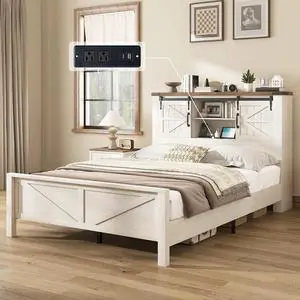 AMERLIFE Farmhouse Full Bed Frame, Rustic Wood Platform Bed Barn Door Storage Bookcase Headboard & Charging Station, Bedroom Furniture, No Box Spring Needed, Antique White AMERLIFE Farmhouse Full Bed Frame, Rustic Wood Platform Bed Barn Door Storage Bookcase Headboard & Charging Station, Bedroom Furniture, No Box Spring Needed, Antique White