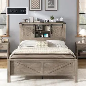 AMERLIFE Farmhouse Full Bed Frame with Storage Headboard & Charging Station, Rustic Wood Platform Bed with Barn Door Bookcase, No Box Spring Needed, Light Grey Bedroom Furniture AMERLIFE Farmhouse Full Bed Frame with Storage Headboard & Charging Station, Rustic Wood Platform Bed with Barn Door Bookcase, No Box Spring Needed, Light Grey Bedroom Furniture