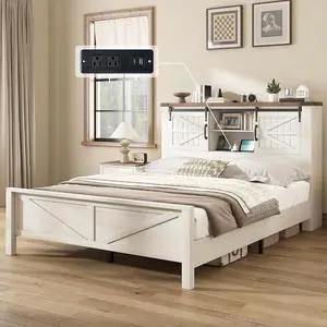 AMERLIFE Farmhouse Queen Bed Frame, Rustic Wood Platform Bed w/Barn Door Storage Bookcase Headboard & Charging Station, Bedroom Furniture, No Box Spring Needed, Antique White AMERLIFE Farmhouse Queen Bed Frame, Rustic Wood Platform Bed w/Barn Door Storage Bookcase Headboard & Charging Station, Bedroom Furniture, No Box Spring Needed, Antique White