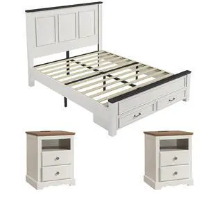 AMERLIFE Farmhouse Bedroom Furniture Set, Includes 2 Nightstands with Charging Station and 1 Full Size Wood Platform Bed Frame with Panel Headboard, Storage Drawers, No Box Spring Needed, Rustic White AMERLIFE Farmhouse Bedroom Furniture Set, Includes 2 Nightstands with Charging Station and 1 Full Size Wood Platform Bed Frame with Panel Headboard, Storage Drawers, No Box Spring Needed, Rustic White