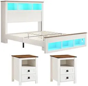 AMERLIFE 3-piece Farmhouse Bedroom Furniture Set, Includes 1 Full LED Platform Bed Frame with Bookcase Storage Headboard, Footboard & Charging Station, and 2 Nightstands with Drawers, Distressed White AMERLIFE 3-piece Farmhouse Bedroom Furniture Set, Includes 1 Full LED Platform Bed Frame with Bookcase Storage Headboard, Footboard & Charging Station, and 2 Nightstands with Drawers, Distressed White
