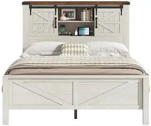 AMERLIFE Full Platform Bed Frame, Farmhouse Wood Bed with Barn Door Headboard Storage, Charging Station and Bookcase Shelf, Mattress Foundation Without Box Spring, Antique White AMERLIFE Full Platform Bed Frame, Farmhouse Wood Bed with Barn Door Headboard Storage, Charging Station and Bookcase Shelf, Mattress Foundation Without Box Spring, Antique White