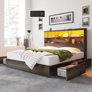 AMERLIFE King Size Bed Frame Wooden Platform Bed with 51.2" Storage LED Bookcase Headboard, 4 Storage Drawers & Charging Station/No Box Spring Needed/Noise Free/Rustic Grey AMERLIFE King Size Bed Frame Wooden Platform Bed with 51.2" Storage LED Bookcase Headboard, 4 Storage Drawers & Charging Station/No Box Spring Needed/Noise Free/Rustic Grey