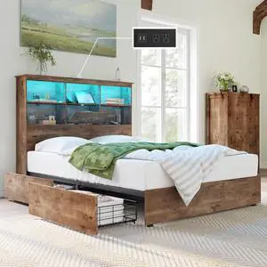 AMERLIFE Queen Size Bed Frame Wooden Platform Bed with 51.2" LED Storage Bookcase Headboard, 4 Storage Drawers & Charging Station/No Box Spring Needed/Noise Free/Rustic Brown AMERLIFE Queen Size Bed Frame Wooden Platform Bed with 51.2" LED Storage Bookcase Headboard, 4 Storage Drawers & Charging Station/No Box Spring Needed/Noise Free/Rustic Brown