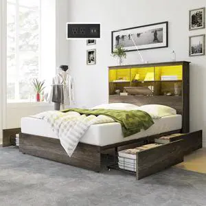 AMERLIFE Queen Size Bed Frame Wooden Platform Bed with 51.2" LED Storage Bookcase Headboard, 4 Storage Drawers & Charging Station/No Box Spring Needed/Noise Free/Rustic Grey AMERLIFE Queen Size Bed Frame Wooden Platform Bed with 51.2" LED Storage Bookcase Headboard, 4 Storage Drawers & Charging Station/No Box Spring Needed/Noise Free/Rustic Grey