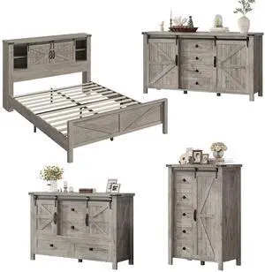 AMERLIFE 4 Pieces Farmhouse Bedroom Set, Includes Queen Size Bookcase Headboard Bed Frame, 5 Drawer Tall Dresser, 47'' Dresser with 4 Drawers, 60" Dresser with 4 Drawers, Light Rustic Oak AMERLIFE 4 Pieces Farmhouse Bedroom Set, Includes Queen Size Bookcase Headboard Bed Frame, 5 Drawer Tall Dresser, 47'' Dresser with 4 Drawers, 60" Dresser with 4 Drawers, Light Rustic Oak