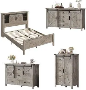 AMERLIFE 4 Pieces Farmhouse Bedroom Set, Includes Full Size Bookcase Headboard Bed Frame, 5 Drawer Tall Dresser, 47'' Dresser with 4 Drawers, 60" Dresser with 4 Drawers, Light Rustic Oak AMERLIFE 4 Pieces Farmhouse Bedroom Set, Includes Full Size Bookcase Headboard Bed Frame, 5 Drawer Tall Dresser, 47'' Dresser with 4 Drawers, 60" Dresser with 4 Drawers, Light Rustic Oak