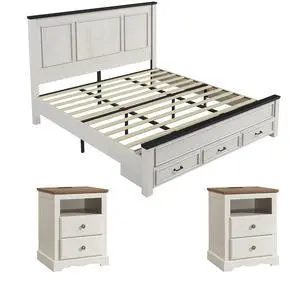 AMERLIFE 3-Piece Farmhouse Bedroom Furniture Set, Includes 1 King Size Wood Platform Bed Frame with Panel Headboard and 2 Nightstands with Charging Station, No Box Spring Needed, Rustic White AMERLIFE 3-Piece Farmhouse Bedroom Furniture Set, Includes 1 King Size Wood Platform Bed Frame with Panel Headboard and 2 Nightstands with Charging Station, No Box Spring Needed, Rustic White