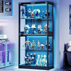 RGB Display Cabinet with Adjustable Glass Shelves, 4-Tier Storage Case with LED Lights & Press-to-Open Doors, Modern Display Shelf for Collectibles, Black 70" H×32" L×16" D RGB Display Cabinet with Adjustable Glass Shelves, 4-Tier Storage Case with LED Lights & Press-to-Open Doors, Modern Display Shelf for Collectibles, Black 70" H×32" L×16" D