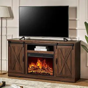 AMERLIFE 59" Fireplace TV Stand for TVs up to 65", Farmhouse Entertainment Center with Sliding Barn Doors, Storage Cabinets and Adjustable Shelves, Dark Walnut AMERLIFE 59" Fireplace TV Stand for TVs up to 65", Farmhouse Entertainment Center with Sliding Barn Doors, Storage Cabinets and Adjustable Shelves, Dark Walnut