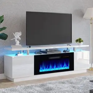 Fireplace TV Stand with 36" Fireplace, 70" Modern Fireplace Entertainment Center LED Lights, 2 Tier TV Console Cabinet for TVs Up to 80", Ivory White Fireplace TV Stand with 36" Fireplace, 70" Modern Fireplace Entertainment Center LED Lights, 2 Tier TV Console Cabinet for TVs Up to 80", Ivory White