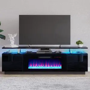 Fireplace TV Stand with 36" Fireplace, 70" Modern Fireplace Entertainment Center LED Lights, 2 Tier TV Console Cabinet for TVs Up to 80", Obsidian Black Fireplace TV Stand with 36" Fireplace, 70" Modern Fireplace Entertainment Center LED Lights, 2 Tier TV Console Cabinet for TVs Up to 80", Obsidian Black