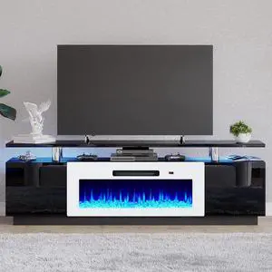 Fireplace TV Stand with 36" White Fireplace, 70" Modern Fireplace Entertainment Center LED Lights, 2 Tier TV Console Cabinet for TVs Up to 80", Black & White Fireplace TV Stand with 36" White Fireplace, 70" Modern Fireplace Entertainment Center LED Lights, 2 Tier TV Console Cabinet for TVs Up to 80", Black & White