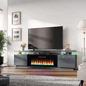 Fireplace TV Stand with 40" Fireplace, 80" Modern Fireplace Entertainment Center LED Lights, 2 Tier TV Console Cabinet for TVs Up to 90", Grey Fireplace TV Stand with 40" Fireplace, 80" Modern Fireplace Entertainment Center LED Lights, 2 Tier TV Console Cabinet for TVs Up to 90", Grey