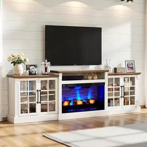 AMERLIFE 97" Farmhouse Fireplace TV Stand, Entertainment Center with Large Storage Space and Adjustable Shelf, Media Console for Living Room, White/Barnwood AMERLIFE 97" Farmhouse Fireplace TV Stand, Entertainment Center with Large Storage Space and Adjustable Shelf, Media Console for Living Room, White/Barnwood