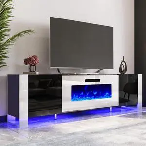 Fireplace TV Stand with 36" Fireplace, 70" Modern Entertainment Center with High Gloss Doors & LED Lights, U-Shaped Legs TV Console Cabinet for TVs Up to 80", Black TV Stand White Fireplace Fireplace TV Stand with 36" Fireplace, 70" Modern Entertainment Center with High Gloss Doors & LED Lights, U-Shaped Legs TV Console Cabinet for TVs Up to 80", Black TV Stand White Fireplace