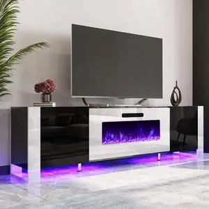 Fireplace TV Stand with 40" Fireplace, 80" Modern Entertainment Center with High Gloss Doors & LED Lights, U-Shaped Legs TV Console Cabinet for TVs Up to 90", Black TV Stand White Fireplace Fireplace TV Stand with 40" Fireplace, 80" Modern Entertainment Center with High Gloss Doors & LED Lights, U-Shaped Legs TV Console Cabinet for TVs Up to 90", Black TV Stand White Fireplace