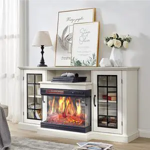 AMERLIFE 3-Sided Glass Fireplace TV Stand for TVs up to 65'' with 12 Color, Media Entertainment Center Console Table with Doors Closed Storage, White AMERLIFE 3-Sided Glass Fireplace TV Stand for TVs up to 65'' with 12 Color, Media Entertainment Center Console Table with Doors Closed Storage, White