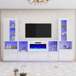 3 Piece Modern High Gloss Fireplace TV Stand + Bookcase Set for Living Room Includes 68" TV Stand with 40" Fireplace, 2 X Bookcase with Doors & 20 Colors LED Lights, White 3 Piece Modern High Gloss Fireplace TV Stand + Bookcase Set for Living Room Includes 68" TV Stand with 40" Fireplace, 2 X Bookcase with Doors & 20 Colors LED Lights, White