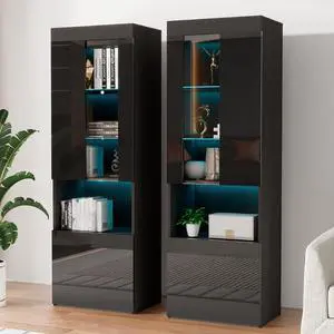 AMERLIFE 2 Piece 71in Tall Bookcase Storage Cabinet with Glass Doors, Modern High Gloss LED Bookshelf Display with 5 Tiers for Storage & Adjustable Glass Shelves for Living Room, Office, Black AMERLIFE 2 Piece 71in Tall Bookcase Storage Cabinet with Glass Doors, Modern High Gloss LED Bookshelf Display with 5 Tiers for Storage & Adjustable Glass Shelves for Living Room, Office, Black