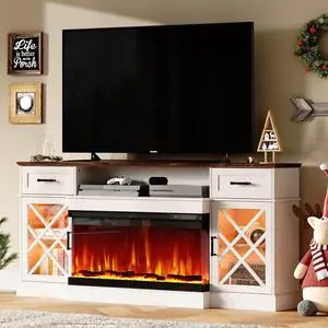 AMERLIFE Farmhouse LED Fireplace TV Stand with 3-Sided Glass Fireplace, 70" Large Entertainment Center for TVs up to 80", Rustic TV Console with Glass Door Storage for Living Room, Barnwood+White AMERLIFE Farmhouse LED Fireplace TV Stand with 3-Sided Glass Fireplace, 70" Large Entertainment Center for TVs up to 80", Rustic TV Console with Glass Door Storage for Living Room, Barnwood+White