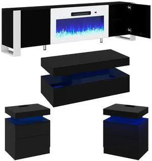 VanAcc 4-Piece Living Room Table Set, 70" Fireplace TV Stand with High Gloss Doors, Modern Coffee Table, LED Light End Table,High Glossy Table Sets for Living Room, Black & White VanAcc 4-Piece Living Room Table Set, 70" Fireplace TV Stand with High Gloss Doors, Modern Coffee Table, LED Light End Table,High Glossy Table Sets for Living Room, Black & White
