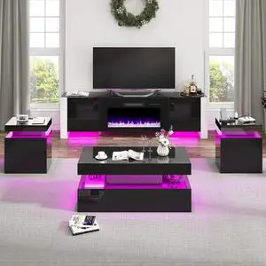 VanAcc 4-Piece Living Room Table Set, 80" Fireplace TV Stand with High Gloss Doors, Modern Coffee Table, LED Light End Table,High Glossy Table Sets for Living Room, Black VanAcc 4-Piece Living Room Table Set, 80" Fireplace TV Stand with High Gloss Doors, Modern Coffee Table, LED Light End Table,High Glossy Table Sets for Living Room, Black