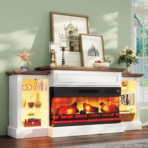 70" Fireplace TV Stand with Mantel, Farmhouse Wood Entertainment Center with 3-Sided Glass Fireplace for TVs up to 75", Adjustable Shelves & LED Lights, Distressed White 70" Fireplace TV Stand with Mantel, Farmhouse Wood Entertainment Center with 3-Sided Glass Fireplace for TVs up to 75", Adjustable Shelves & LED Lights, Distressed White