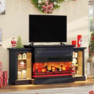 70" Farmhouse Electric Fireplace TV Stand, 3-Sided Entertainment Center with Mantel for TVs up to 75", Adjustable Shelves & LED Lights, Antique Black 70" Farmhouse Electric Fireplace TV Stand, 3-Sided Entertainment Center with Mantel for TVs up to 75", Adjustable Shelves & LED Lights, Antique Black