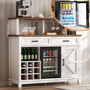 47" Farmhouse Coffee Bar Cabinet with 15" Refrigerator & Wine Rack & Glass Holder, Wine Cabinet with Storage Drawers & Open Shelves, Sideboard Buffet Cabinet for Dinging Room, Living Room 47" Farmhouse Coffee Bar Cabinet with 15" Refrigerator & Wine Rack & Glass Holder, Wine Cabinet with Storage Drawers & Open Shelves, Sideboard Buffet Cabinet for Dinging Room, Living Room