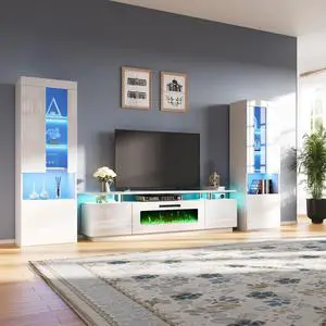 AMERLIFE Entertainment Center with Fireplace and Bookcases, Includes 80" 2-Tier Fireplace TV Stand with 40" Fireplace, 2 x High Gloss Bookshelves with LED Lights & Glass Doors, White AMERLIFE Entertainment Center with Fireplace and Bookcases, Includes 80" 2-Tier Fireplace TV Stand with 40" Fireplace, 2 x High Gloss Bookshelves with LED Lights & Glass Doors, White