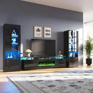 Entertainment Center with Fireplace and Bookcases, Includes 80" 2-Tier Fireplace TV Stand with 40" Fireplace, 2 x High Gloss Bookshelves with LED Lights & Glass Doors, Obsidian Black Entertainment Center with Fireplace and Bookcases, Includes 80" 2-Tier Fireplace TV Stand with 40" Fireplace, 2 x High Gloss Bookshelves with LED Lights & Glass Doors, Obsidian Black