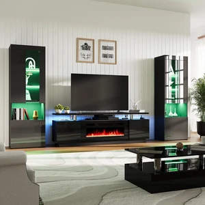 Entertainment Center with Fireplace and Bookcases, Includes 70" 2-Tier Fireplace TV Stand with 36" Fireplace, 2 x Modern High Gloss Bookshelves with LED Lights & Glass Doors, Black Entertainment Center with Fireplace and Bookcases, Includes 70" 2-Tier Fireplace TV Stand with 36" Fireplace, 2 x Modern High Gloss Bookshelves with LED Lights & Glass Doors, Black