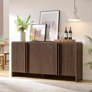 63" Fluted Sideboard Buffet Cabinet with Storage, Modern Credenza Console with 4 Doors & Adjustable Shelves, Wood Coffee Bar for Kitchen, Living Room, Hallway, Brown 63" Fluted Sideboard Buffet Cabinet with Storage, Modern Credenza Console with 4 Doors & Adjustable Shelves, Wood Coffee Bar for Kitchen, Living Room, Hallway, Brown