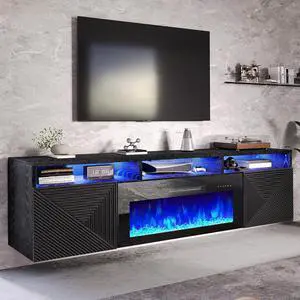 AMERLIFE Floating TV Stand with 40" Electric Fireplace, Modern Wall Mounted Entertainment Center with Storage, 80in Media Console with High Gloss Geometric Doors for TVs Up to 90", Black AMERLIFE Floating TV Stand with 40" Electric Fireplace, Modern Wall Mounted Entertainment Center with Storage, 80in Media Console with High Gloss Geometric Doors for TVs Up to 90", Black