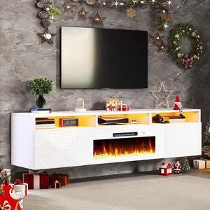 Floating TV Stand with 40" Electric Fireplace, Modern Wall Mounted Entertainment Center with Storage, 80in Media Console with High Gloss Geometric Doors for TVs Up to 90", White Floating TV Stand with 40" Electric Fireplace, Modern Wall Mounted Entertainment Center with Storage, 80in Media Console with High Gloss Geometric Doors for TVs Up to 90", White
