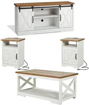 4-Piece Farmhouse Table Set Includes Sliding Barn Door TV Stand, Coffee Table& Two End Tables, Side Table with Charging Station and USB Ports for Living Room, Distressed White, 66" 4-Piece Farmhouse Table Set Includes Sliding Barn Door TV Stand, Coffee Table& Two End Tables, Side Table with Charging Station and USB Ports for Living Room, Distressed White, 66"